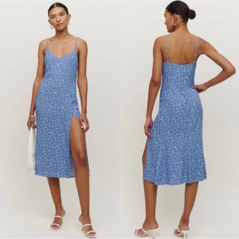 Reformation Crimini Midi Floral Dress with Slit in Blue - Size 4